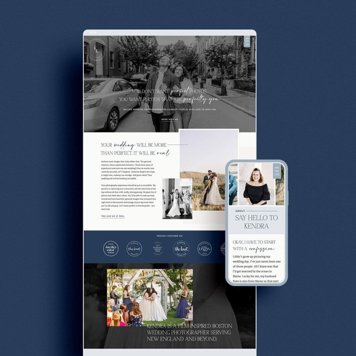 A mockup of a blue photography website.