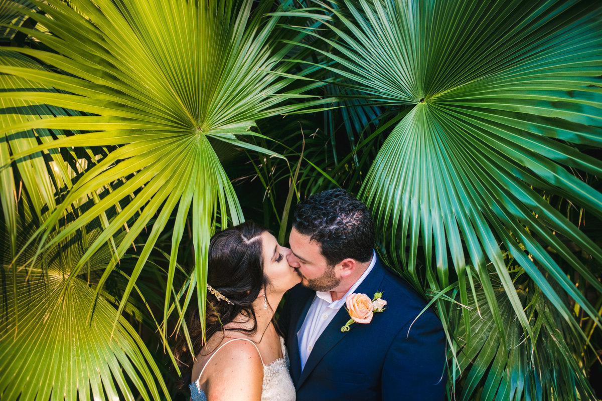 Bride & Groom kissing by green palms