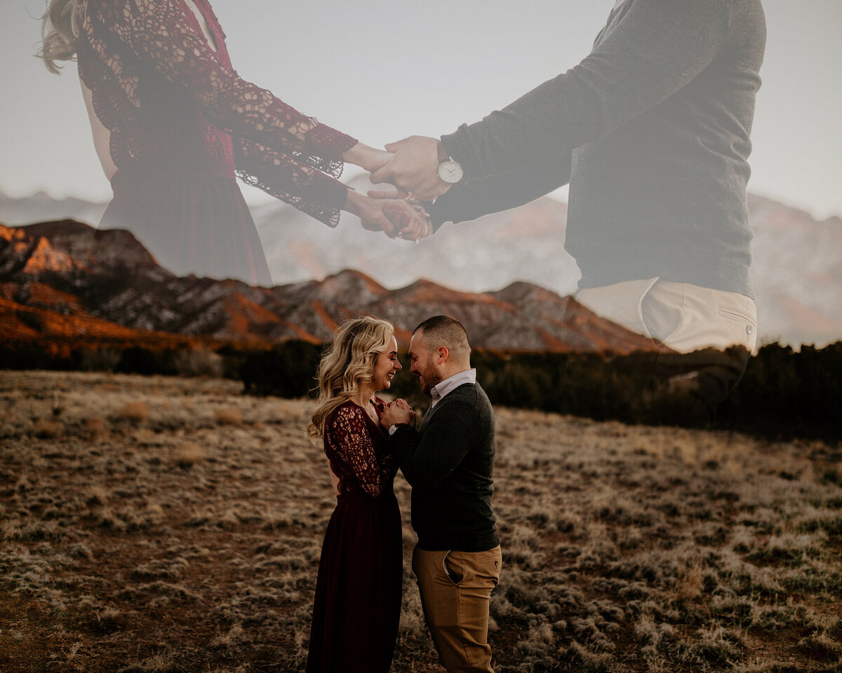 double exposure engaged couple holding hands with Sandia mountain behind them