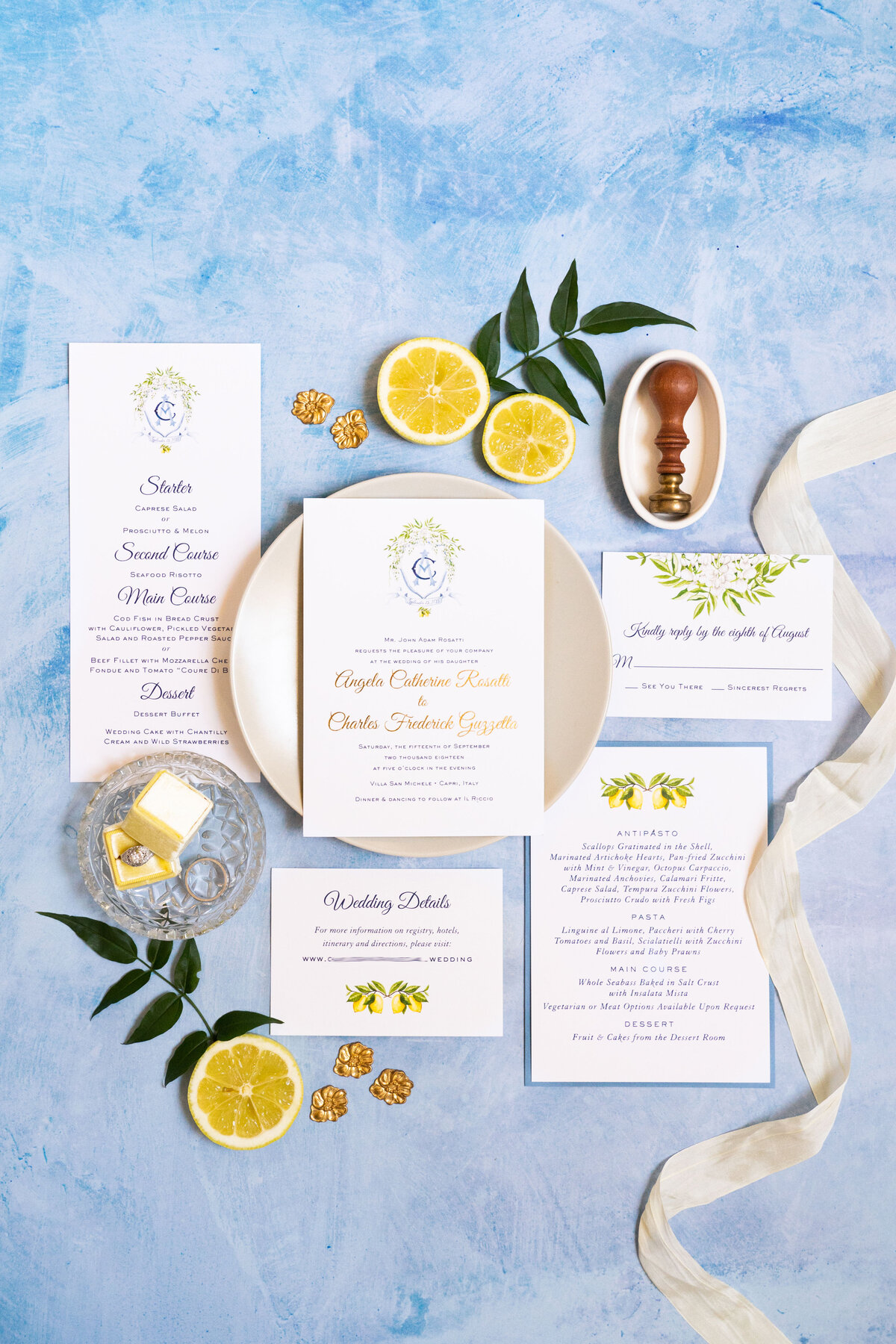 watercolor crest gold foil invitation suite