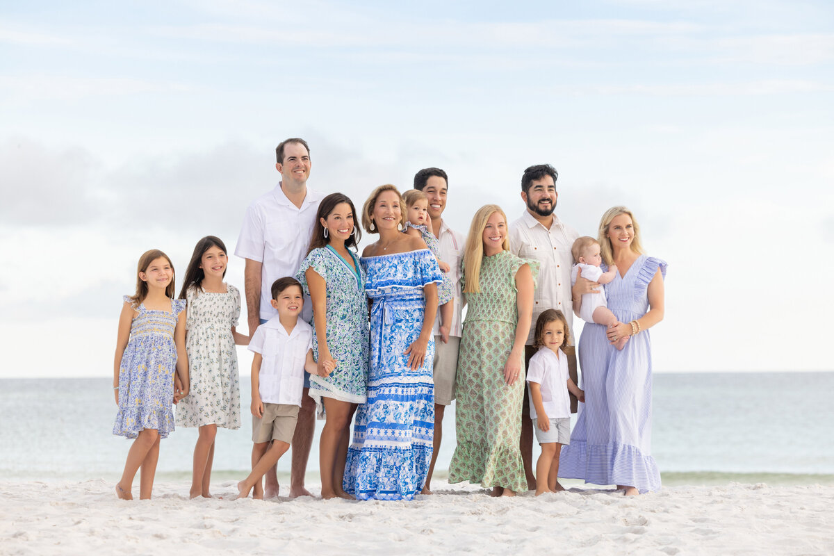 An extended family looking off into the distance at the beach