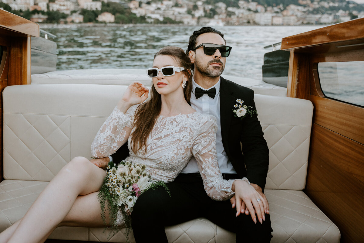 Wedding couple in a boat on Lake Como