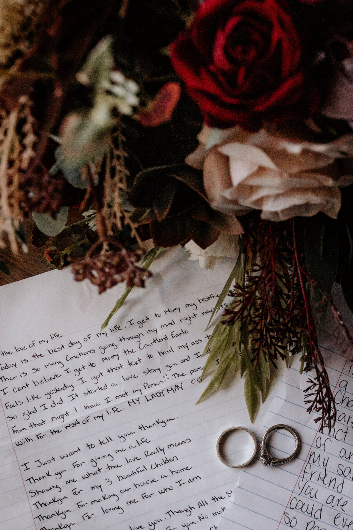 wedding bands laying on a table with handwritten vows