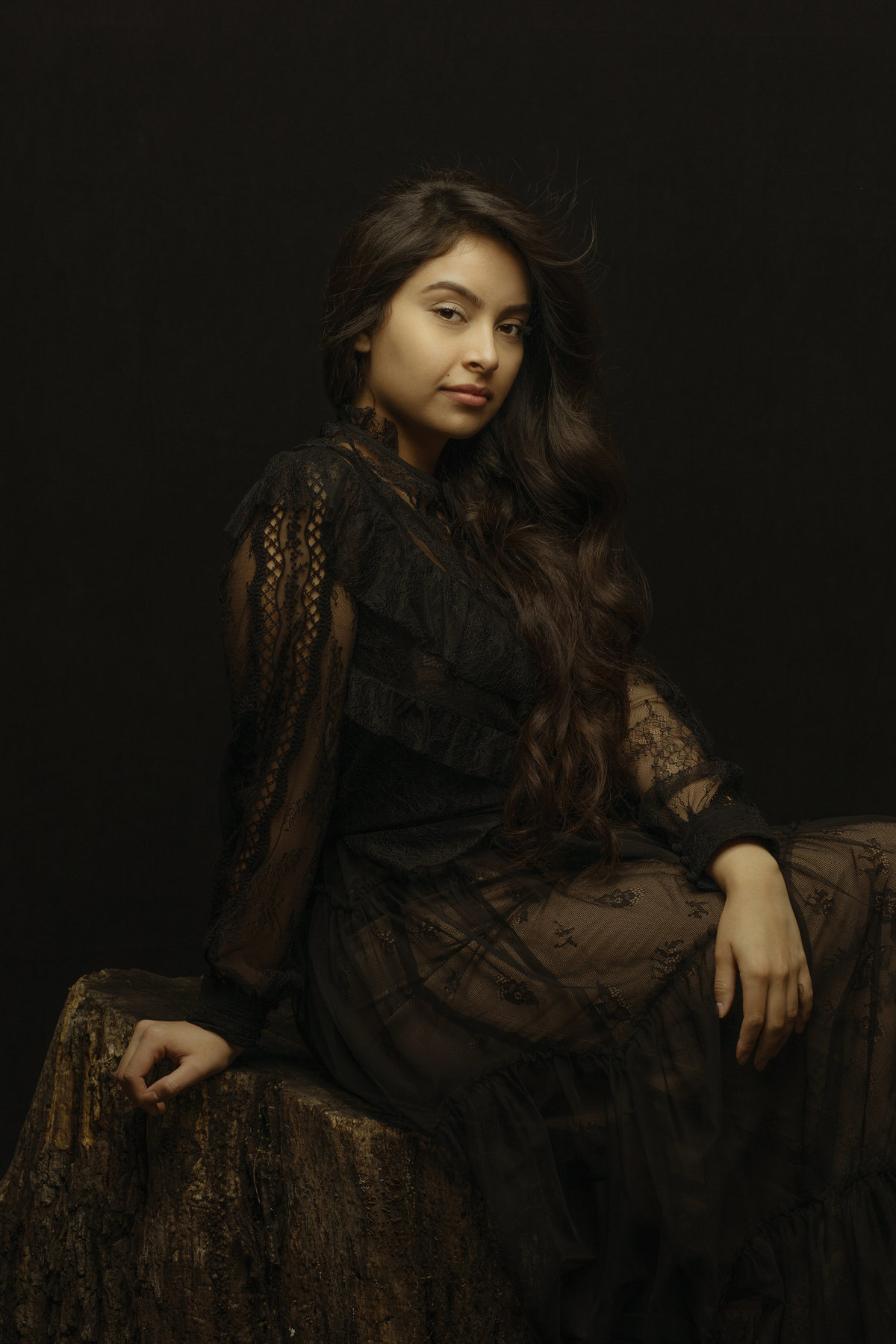 Portrait Photo Of Young Woman In Dress Sitting On a Wood Los Angeles