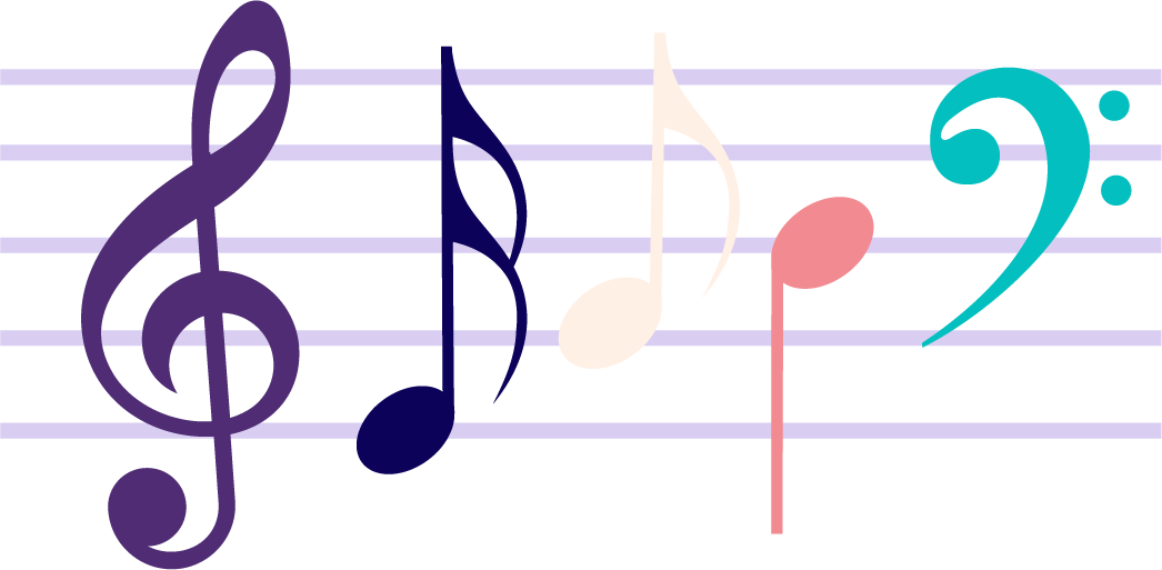 Colourful music staff background with treble clef, music notes and bass clef