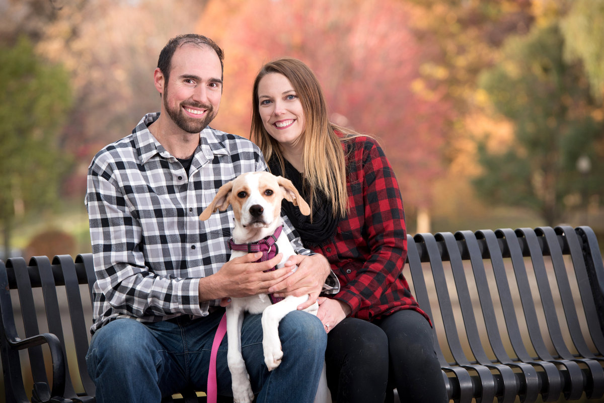 engagement-portrait-at-Lords-Park-Elgin-Illinois-with-a-dog-on-a-park-bench