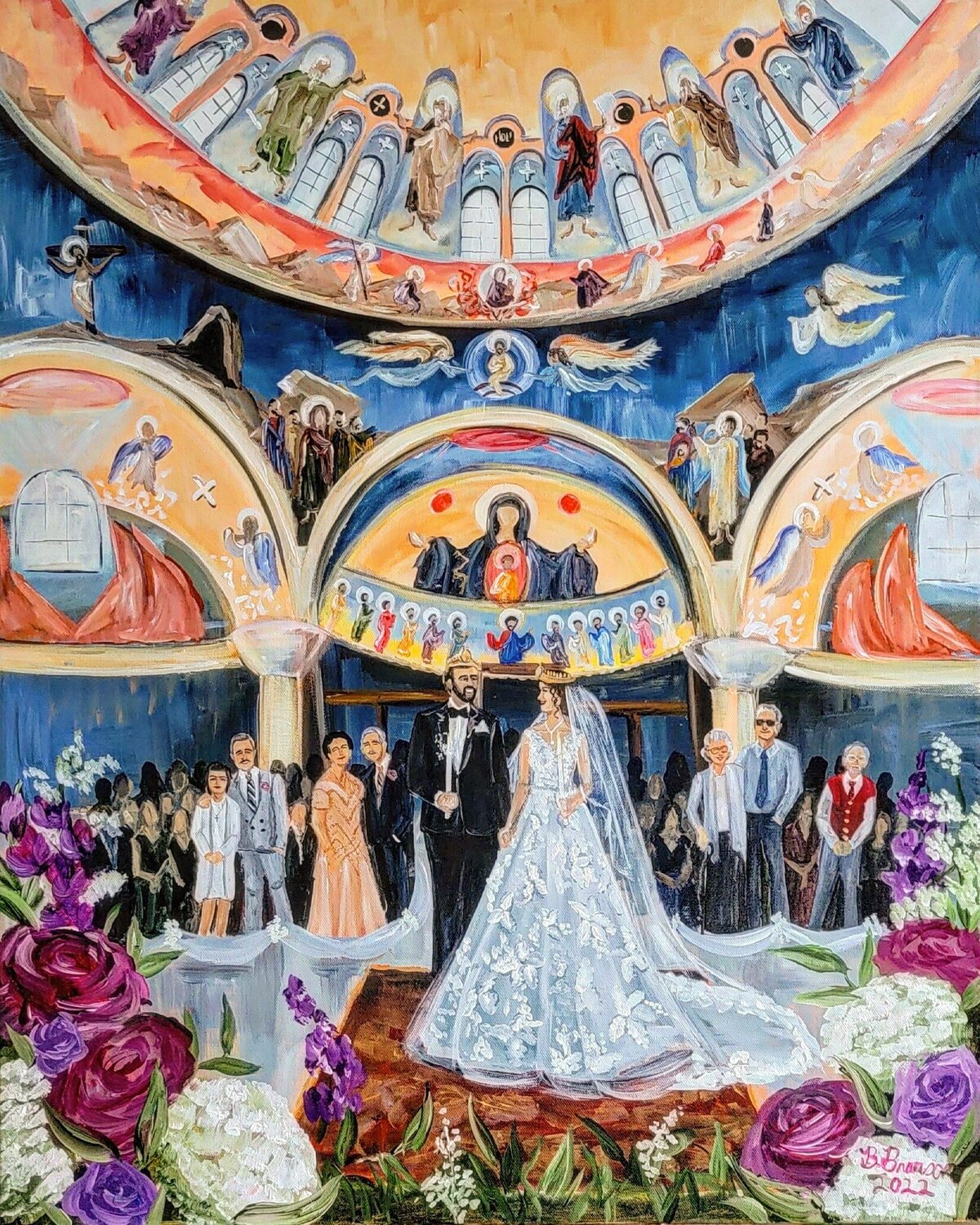 A bride and groom hold hands at the altar during their Orthodox wedding ceremony in Indiana