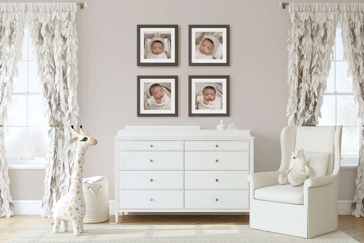 baby's nursery with four framed matted images over changing table