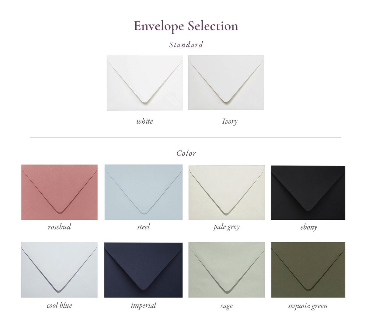 Envelope selections and color palette for wedding stationery