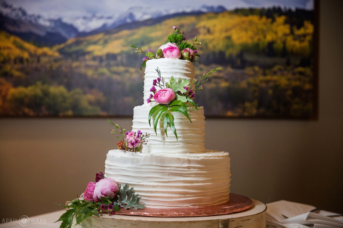 Gorgeous Steamboat Springs Wedding photography three tiered wedding cake at Aurum Restaurant