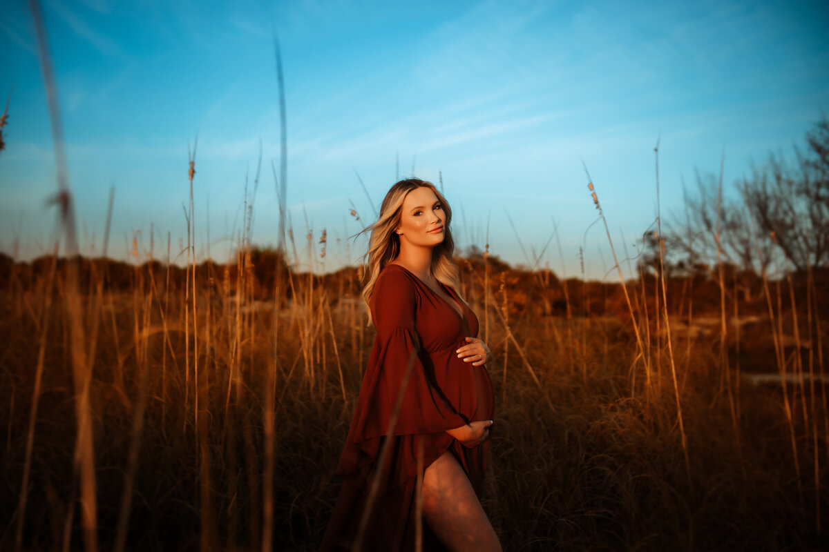 beautiful brown toned fine art maternity photos taken at a pinellas county fl beach in tall grass at golden hour with a women wearing a stunning  rust colored gown