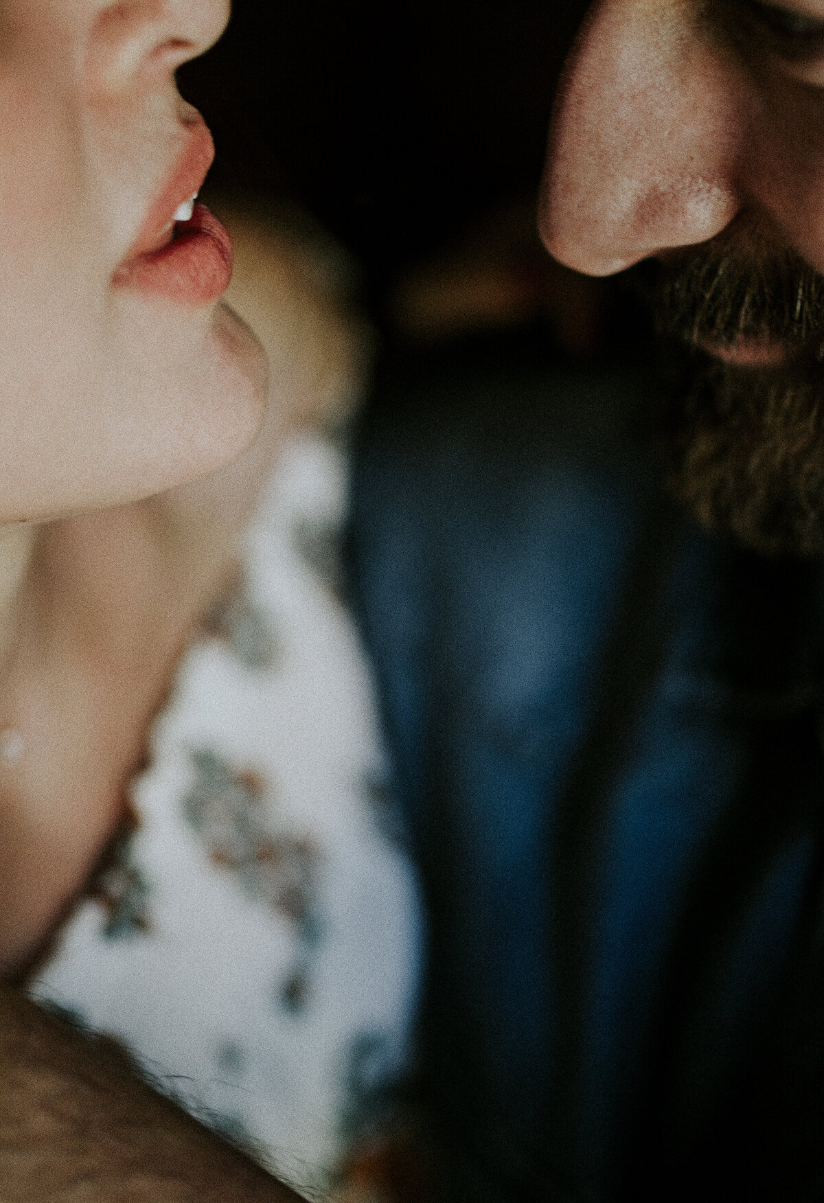 up close and intimate portrait of husband and wife about to kiss