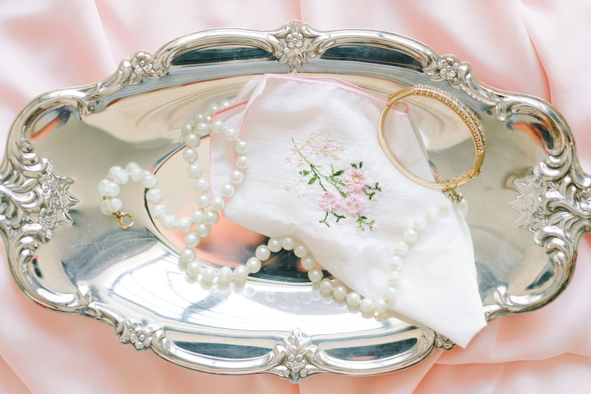 Brides Accessories Pearl Necklace and Heirloom Handkerchief on Silver Platter