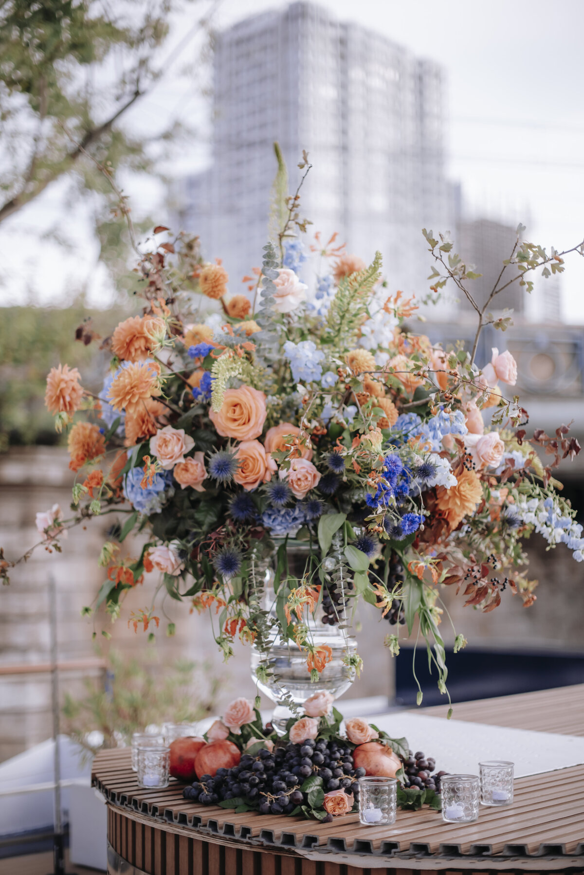 vertical bouquet of flowers orange and blue