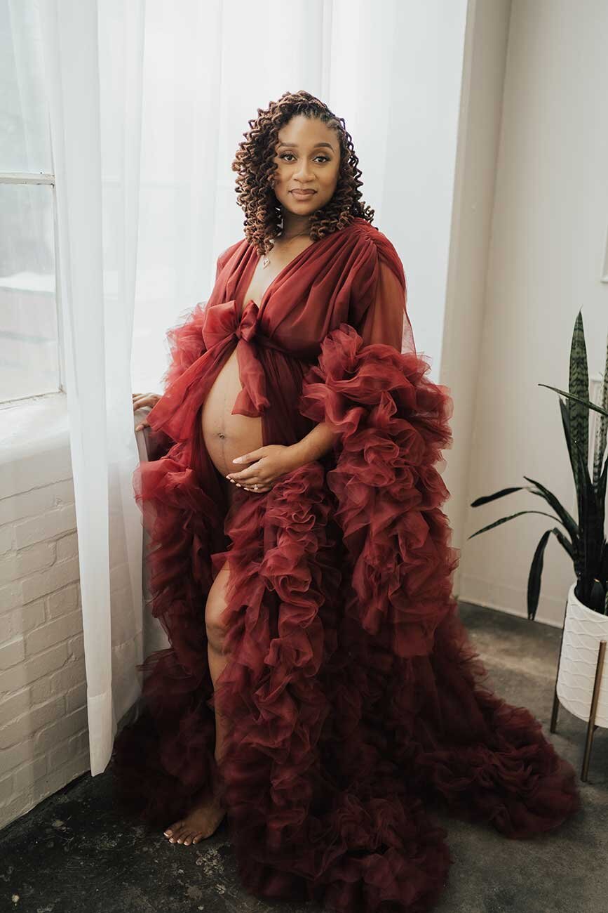 Red Satin and Tulle Maxi Maternity Robe for Photoshoot Jacksonville FL