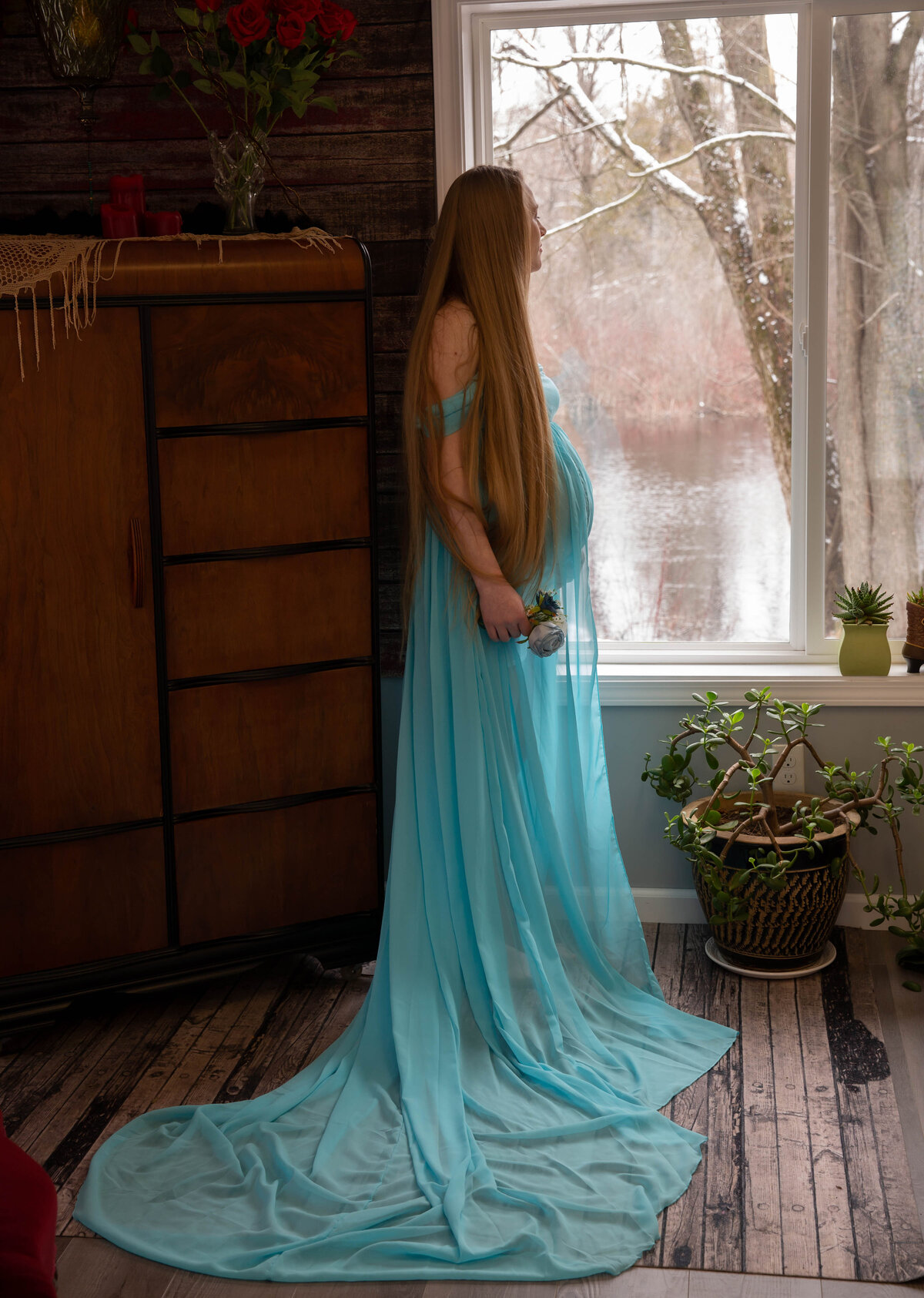 goddess studio maternity boudoir aqua dress water windowlight long blond hair