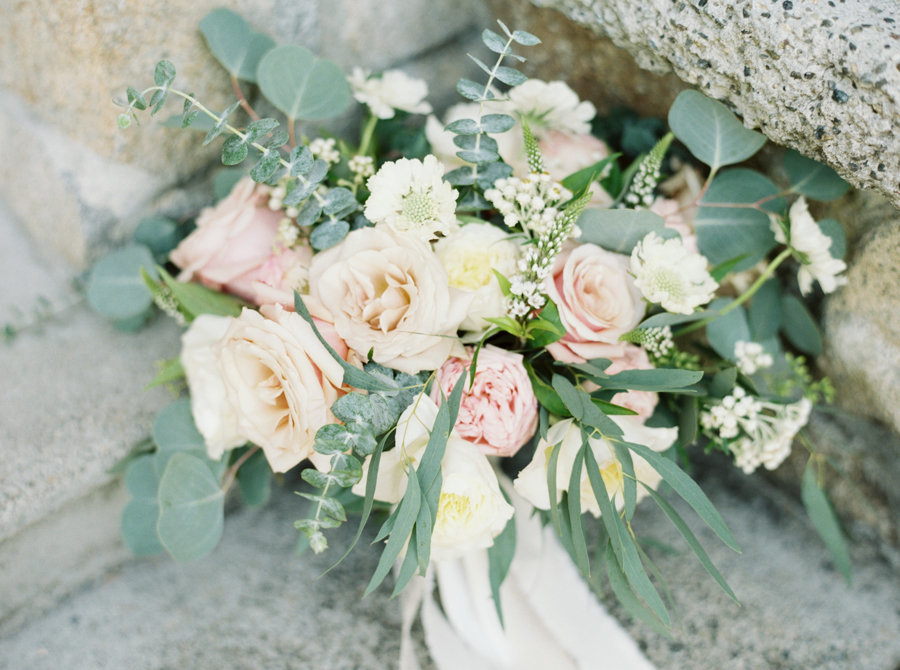 spiral Eucalyptus, scabiosa, and champagne and blush roses make up with lovely bridal bouquet.