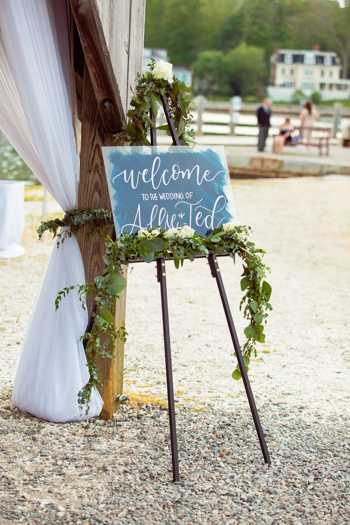 Welcome sign for a wedding at the Boatshed in the Mystic Seaport.