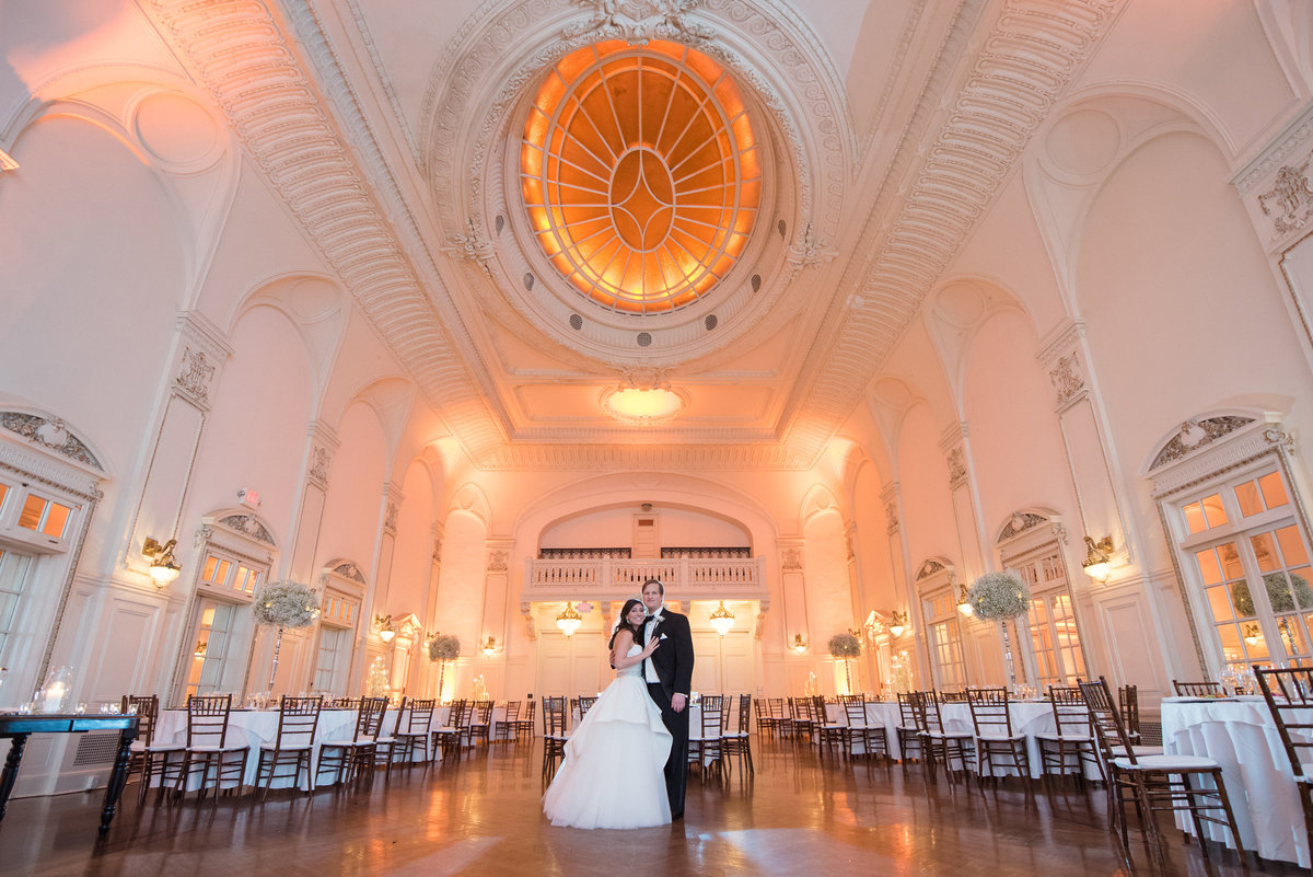 Bride and groom at the ballroom of The Bourne Mansion
