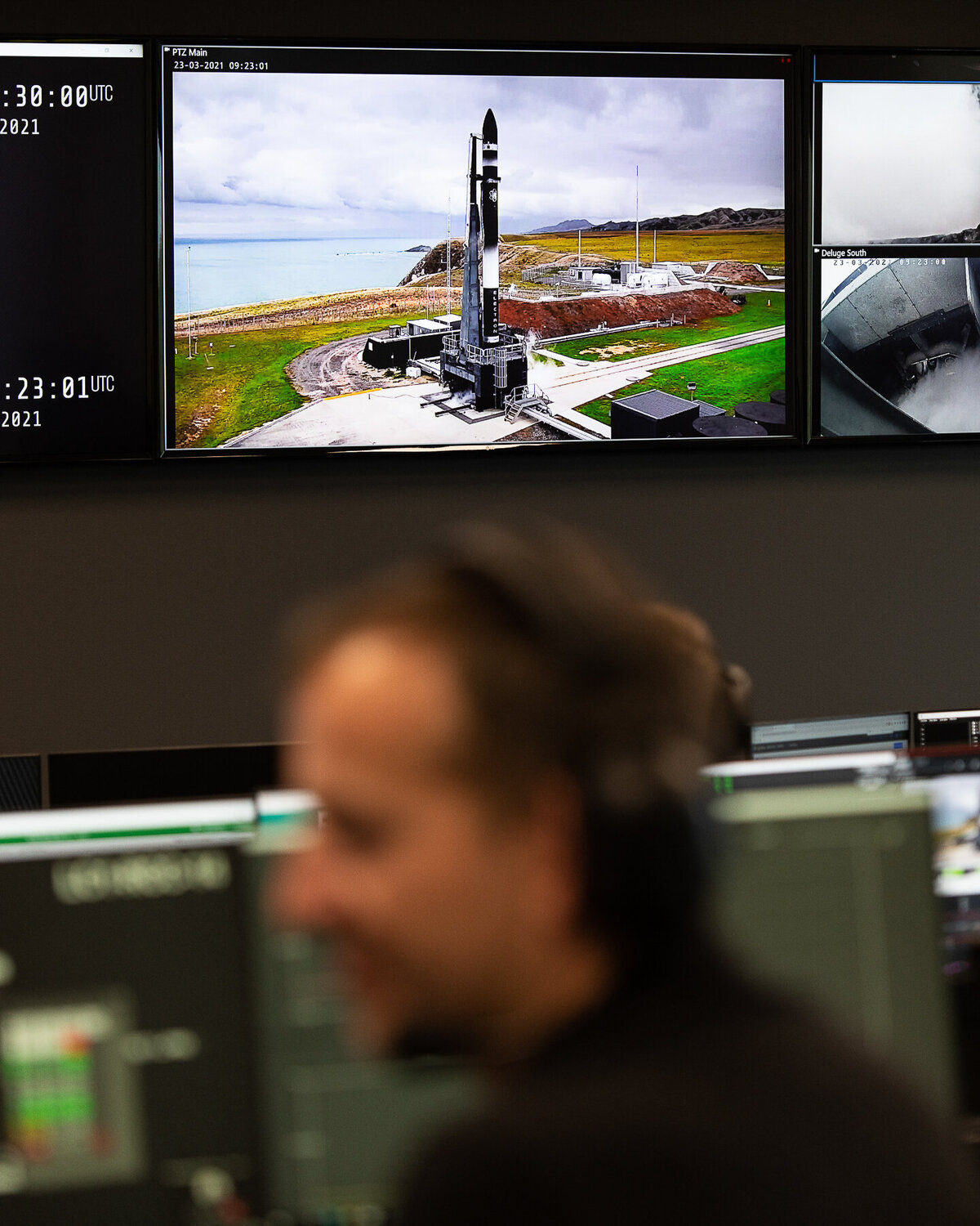 Rocket lab engineer prepares for launch  at computer terminal