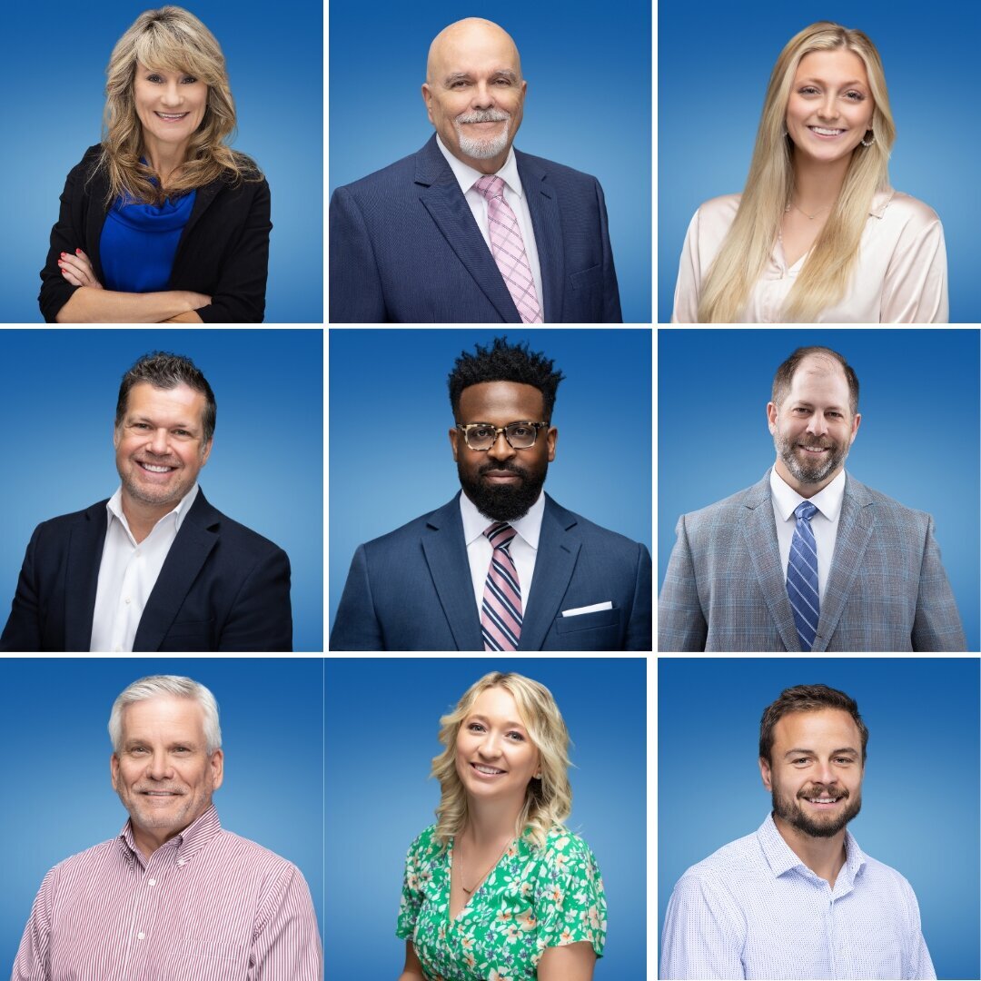 Diverse and dynamic headshots of professionals with a vibrant blue backdrop, showcasing their unique styles and welcoming smiles, by a leading Cincinnati headshot photographer at a downtown studio.