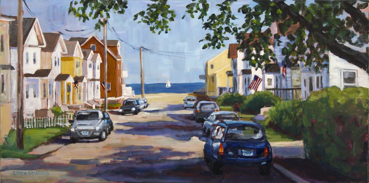 Painting  of Milford CT with scene of the water looking down the street with cars, american flag an sail boat, 12 x 24 acrylic painting on canvas, by Connecticut Painter Linda Marino