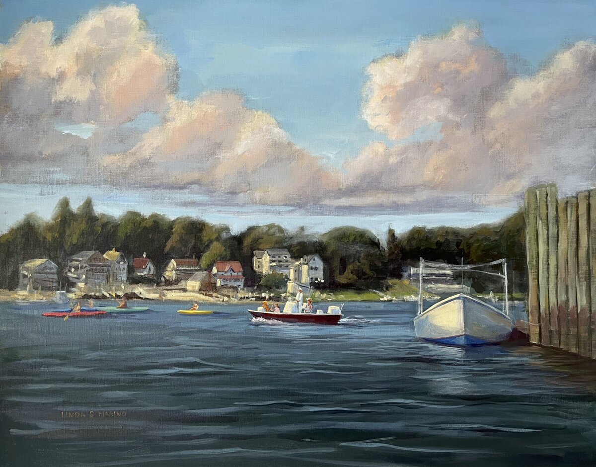 Painting of Stony Creek and Thimble Islands of Branford Ct, the scene is of the coast homes and people boating and kayacking, 30x 38" acrylic painting, by Connecticut painter, Linda Marino