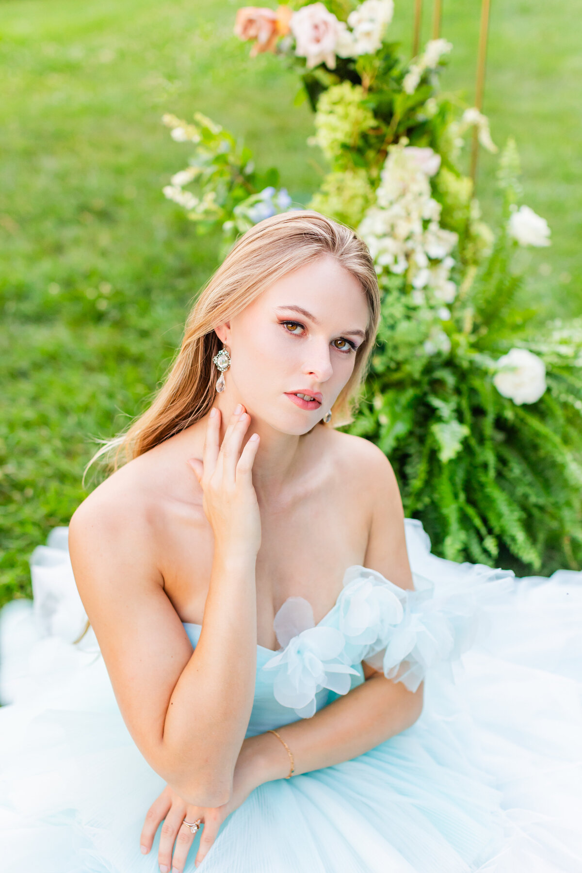luxury wedding portrait of southern bride in blue wedding dress