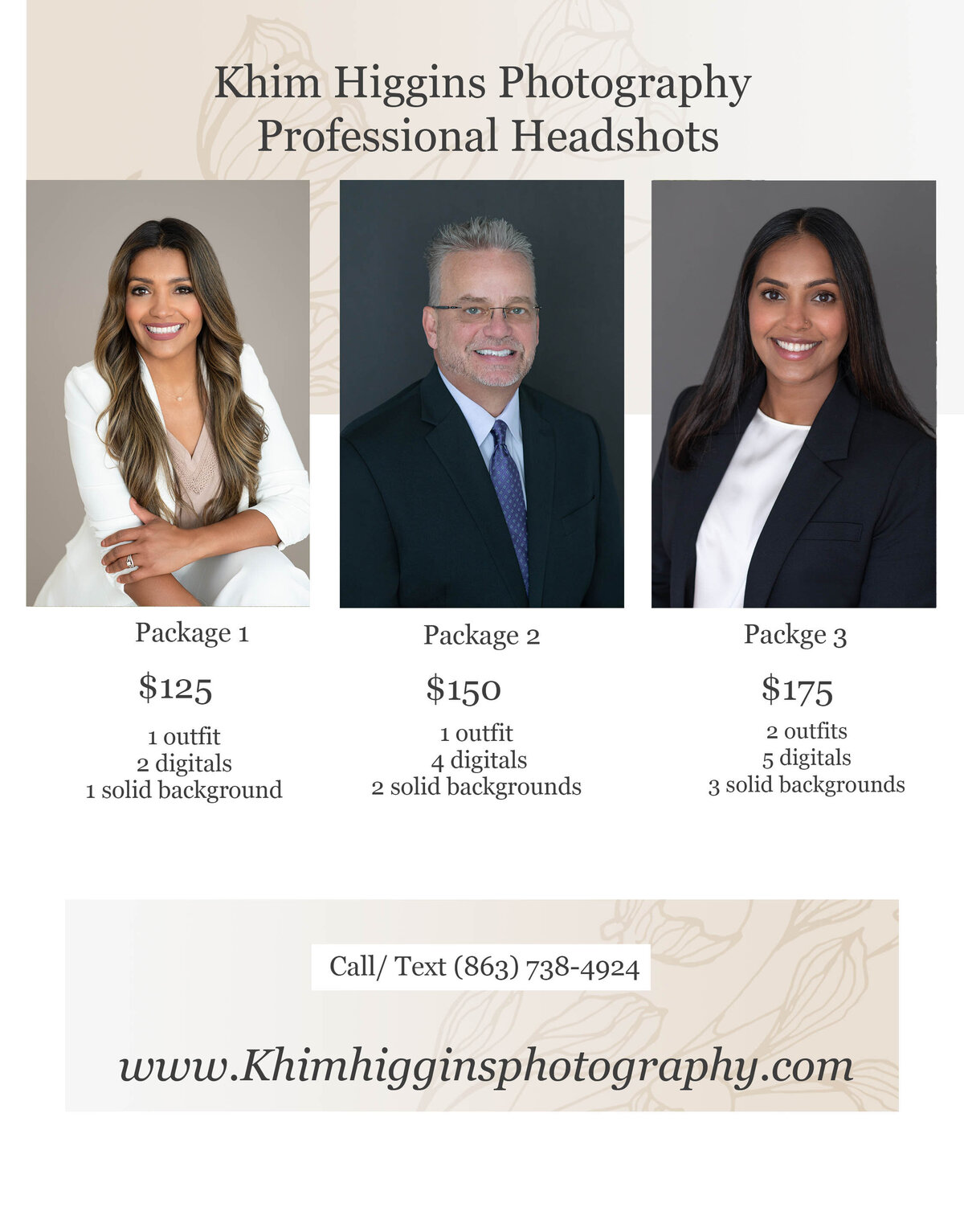 Price list for Orlando headshot photography packages by Khim Higgins Photography, including individual and branding sessions - Khim Higgins Photography