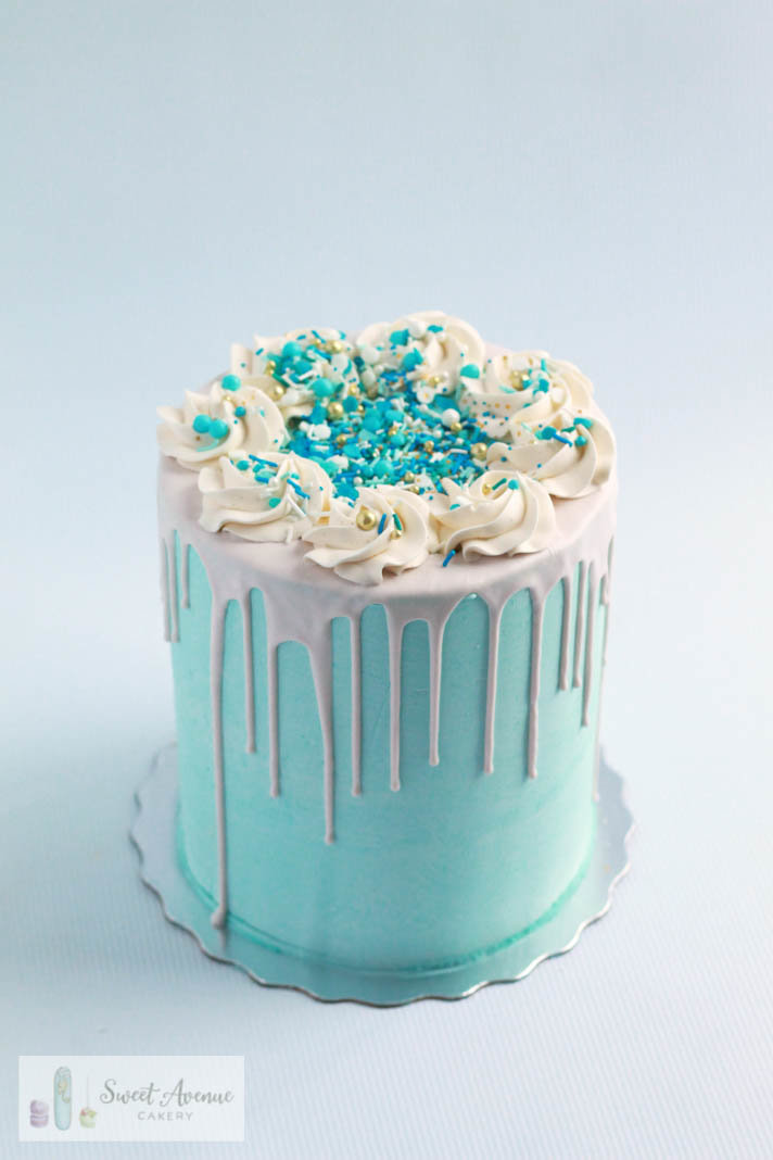 blue chocolate drip cake with sprinkles, Hamilton ON birthday cakes
