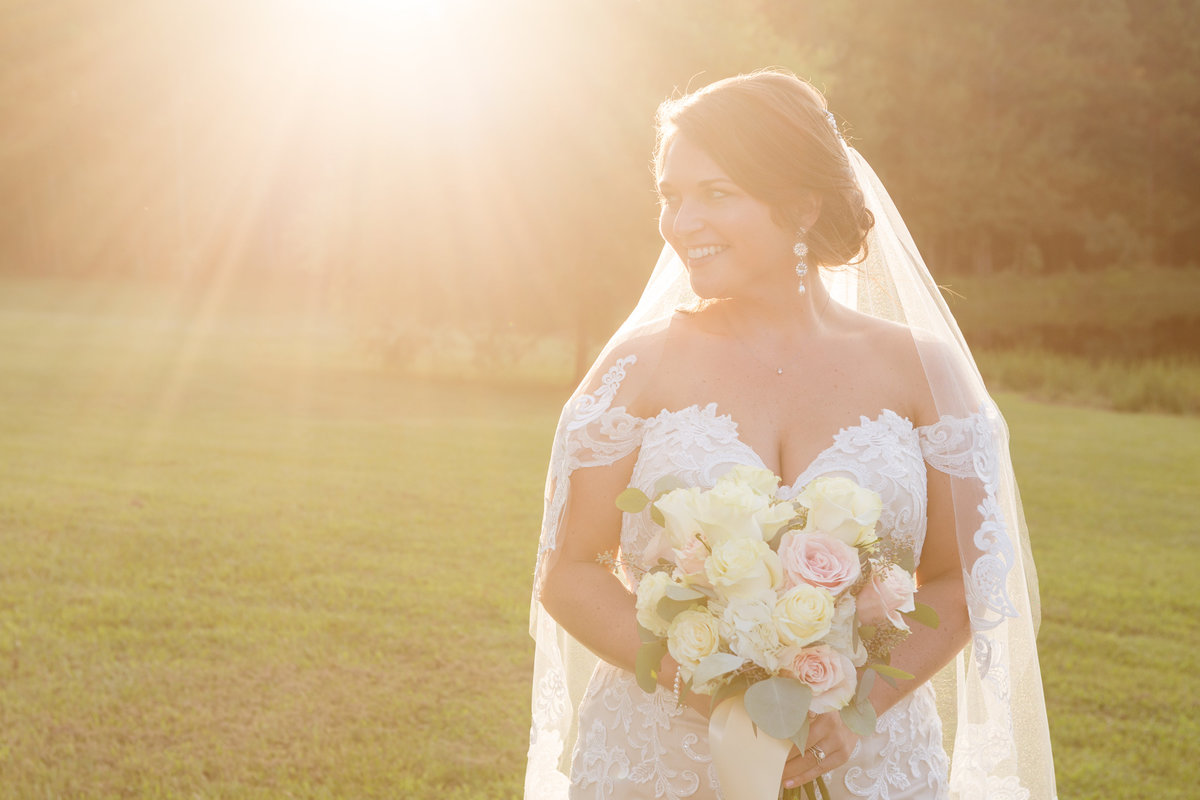 Sunset bridal portrait at TTT Farms in Fruitdale, Alabama.