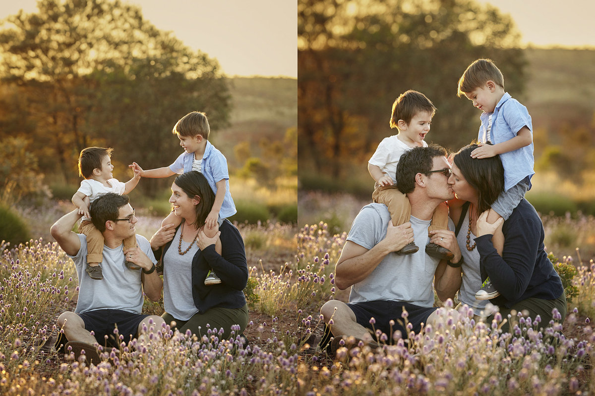 Two photos of a family in field with golden light, kids on parents shoulders high fiving and watching mum and dad kiss
