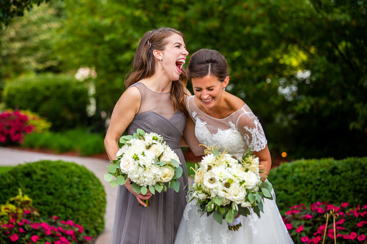 A bride and her maid of honor in Chicago before a wedding.