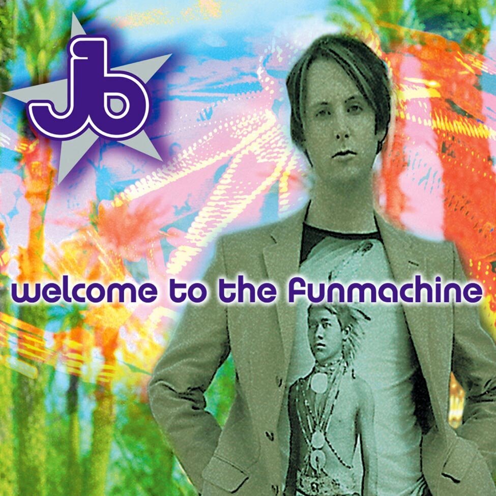 Album Cover Title Welcome To The Funmachine Artist Jordy Birch standing with hands in pockets in front of neon illustrated background of palm trees and sky