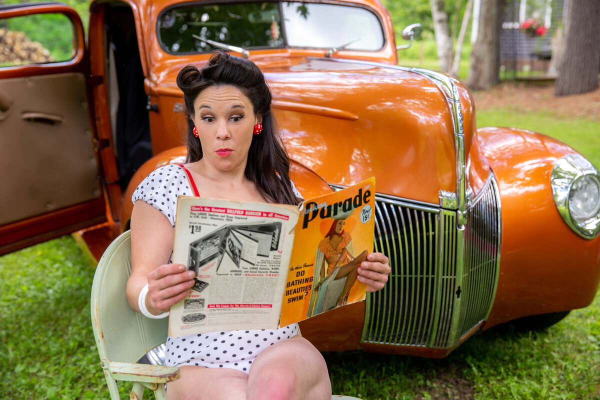 goddess studio boudoir woman pinup special parade magazine old ford pickup vintage metal chair polka dots