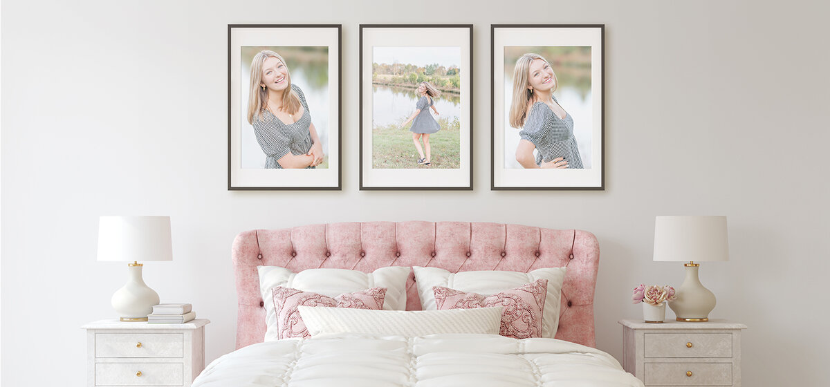 pink bedroom with framed photos on the wall which are Northern VA senior photography