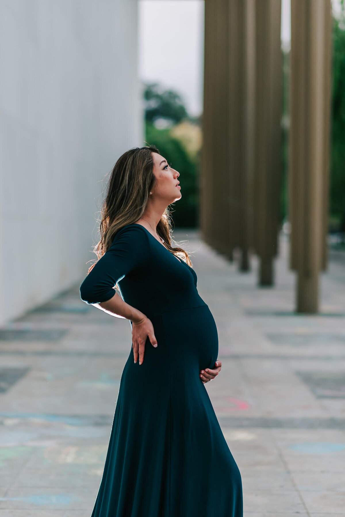 A gorgeous mother-to-be wearing a maternity gown by a Northern Virginia maternity photographer