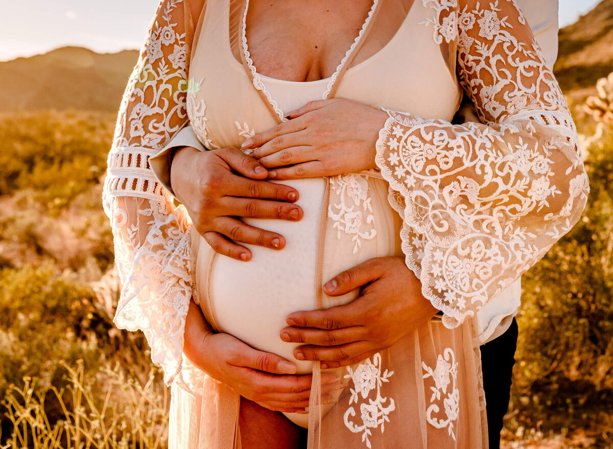Arizonan parents holding belly for maternity photograph
