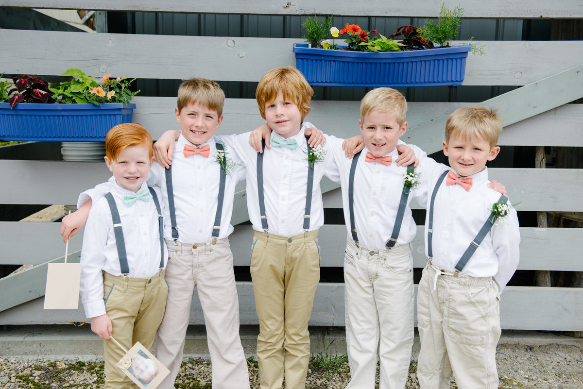 5 Ring Bearers in suspenders at Barn at Harvest Moon Pond