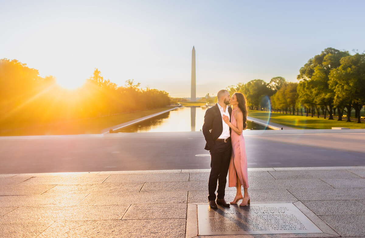 Couple kisses at Lincoln Memorial during sunrise, Baltimore Wedding Photography