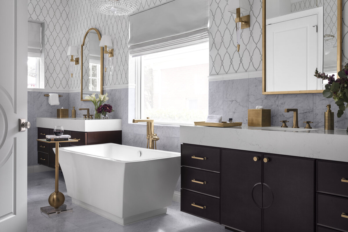 Classic Modern White Bathroom Interior Design With Dark Brown Cabinets