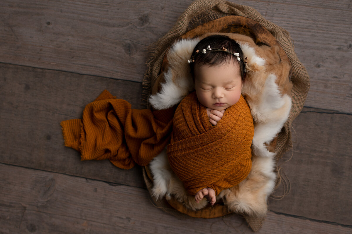 Fine art newborn photos captured by best New Jersey newborn photographer Katie Marshall.  Aerial image. Sleeping newborn baby girl in a copper-coloured seaddle is resting atop of faux fur for a fine art newborn photo.