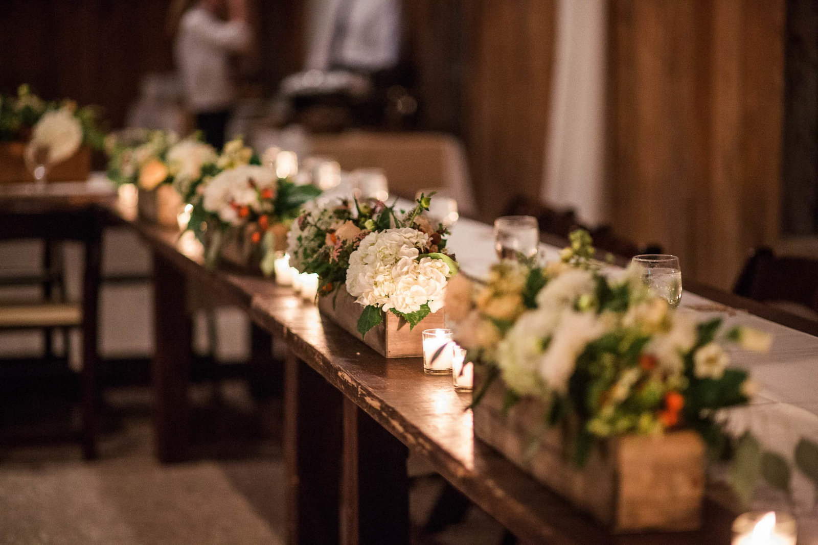 Flowers sit in wooden crates at reception, Boone Hall Plantation, Charleston, South Carolina