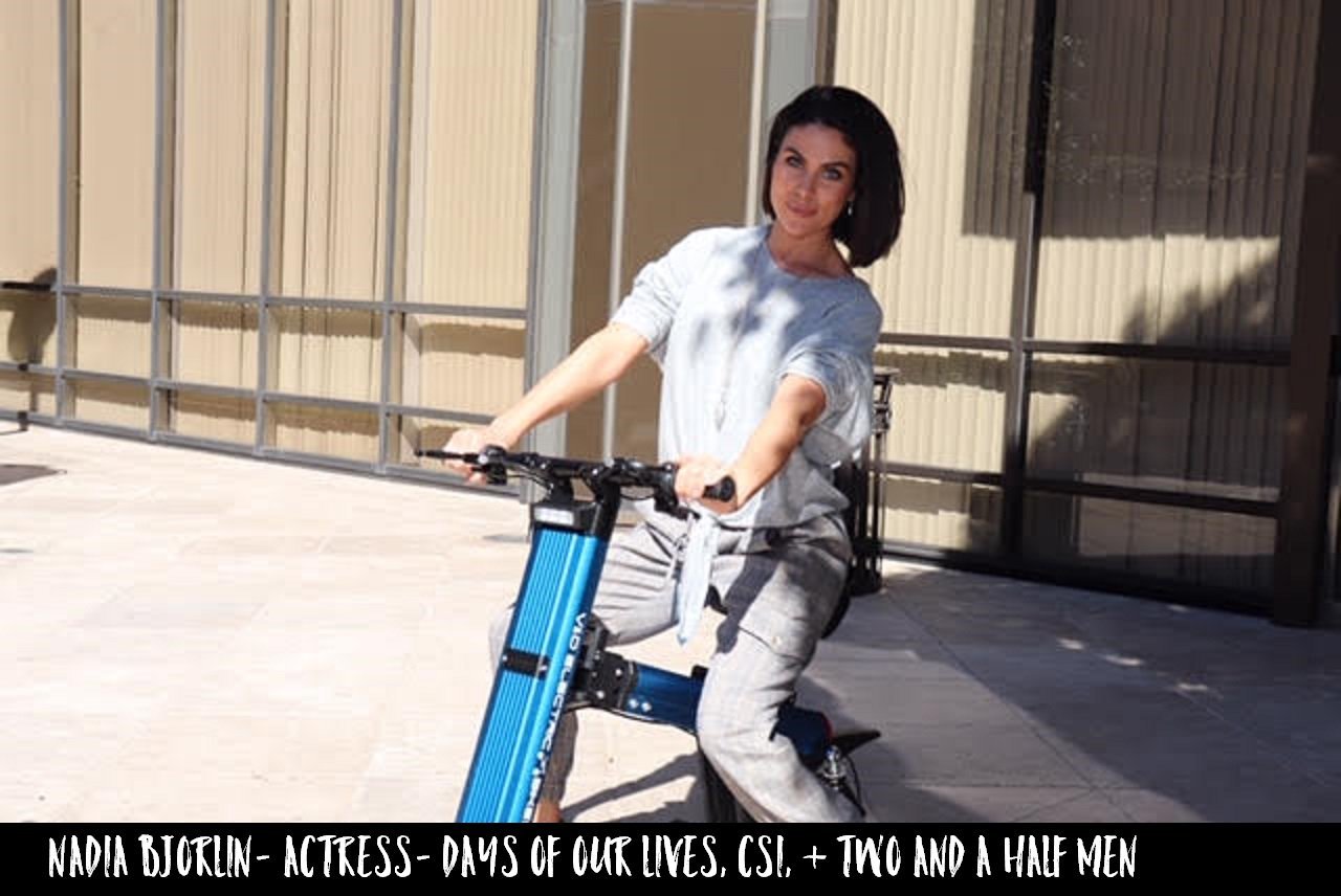 Actress Nadia Bjorlin cruising around the streets of LA on a Blue Go-Bike M2