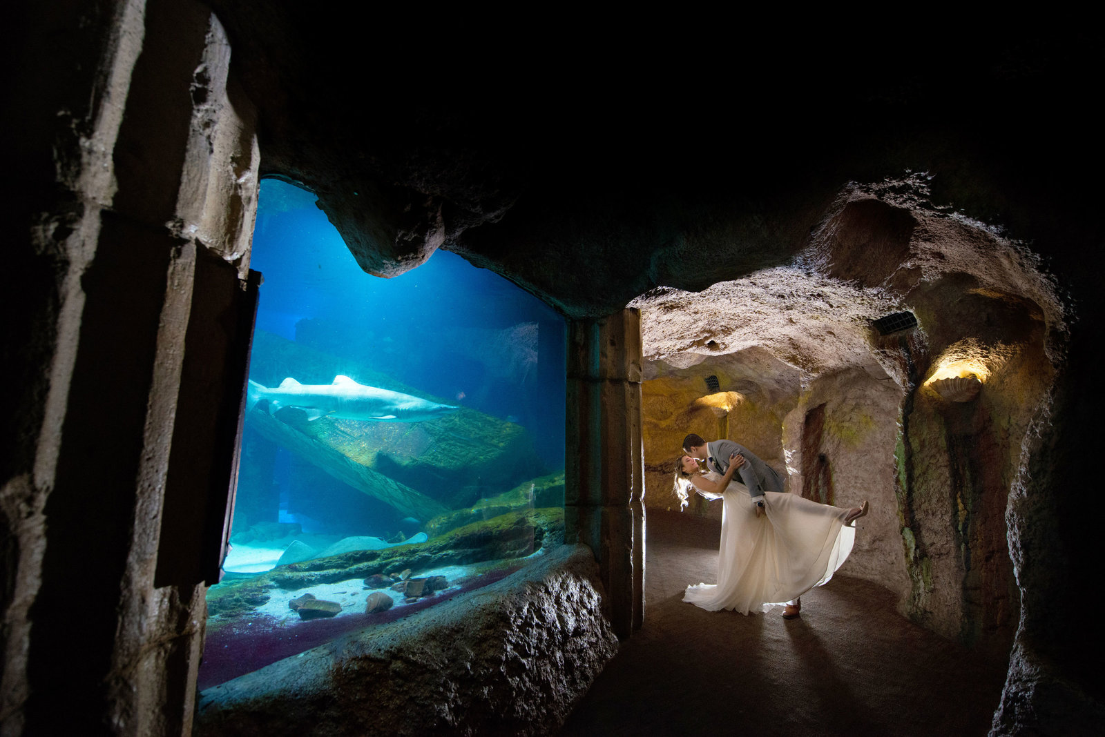 Groom dipping bride in front of sharks at Atlantis Banquet and Events