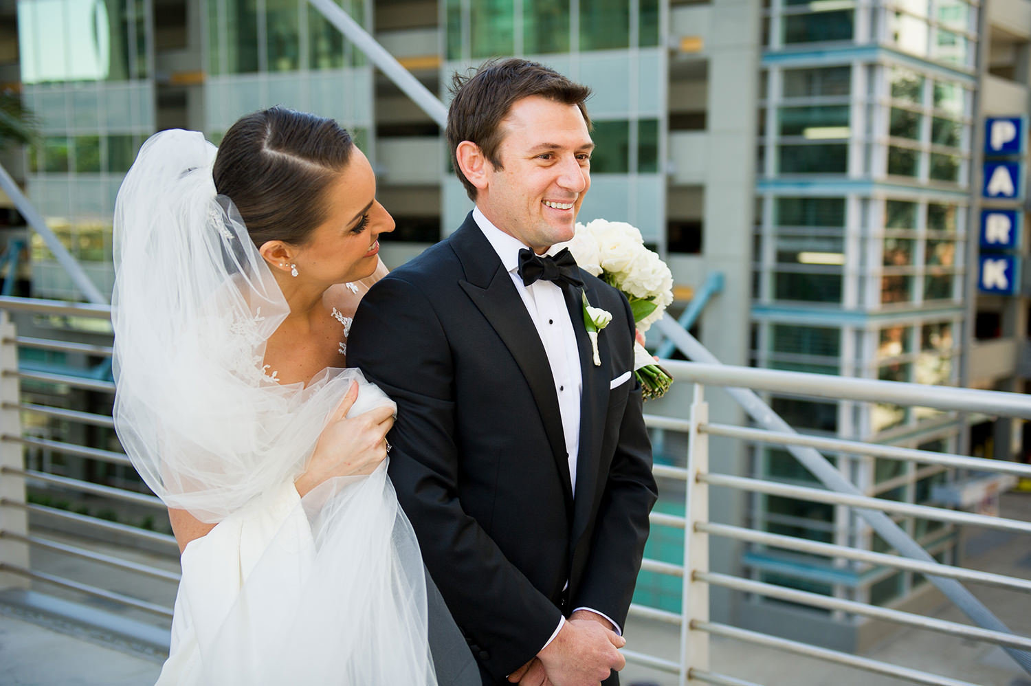 First look for the groom and bride at the Omni Hotel