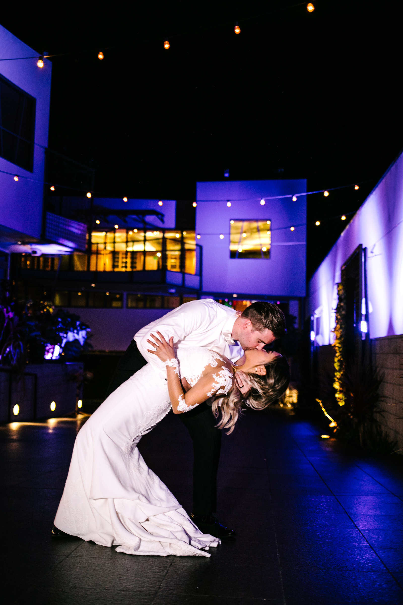 beautiful night time photo of bride and groom at seven degrees