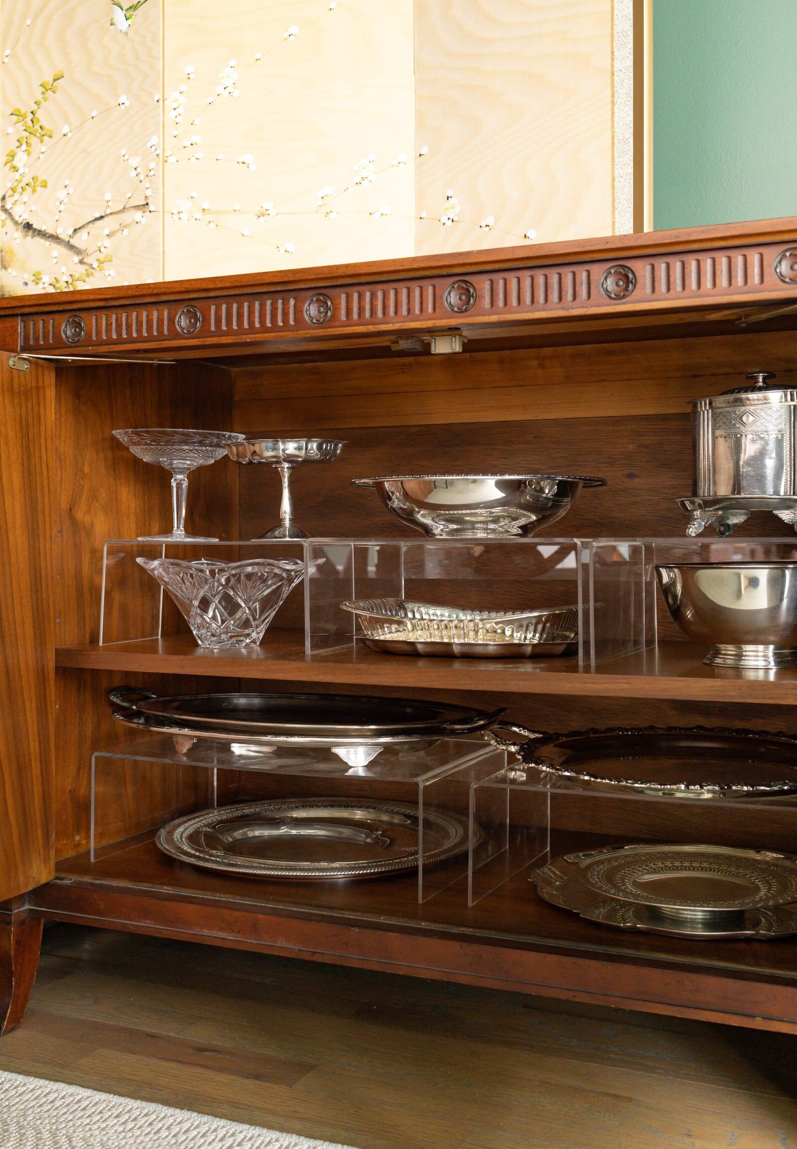 vision and hammer organizing wooden cabinet with silver platters