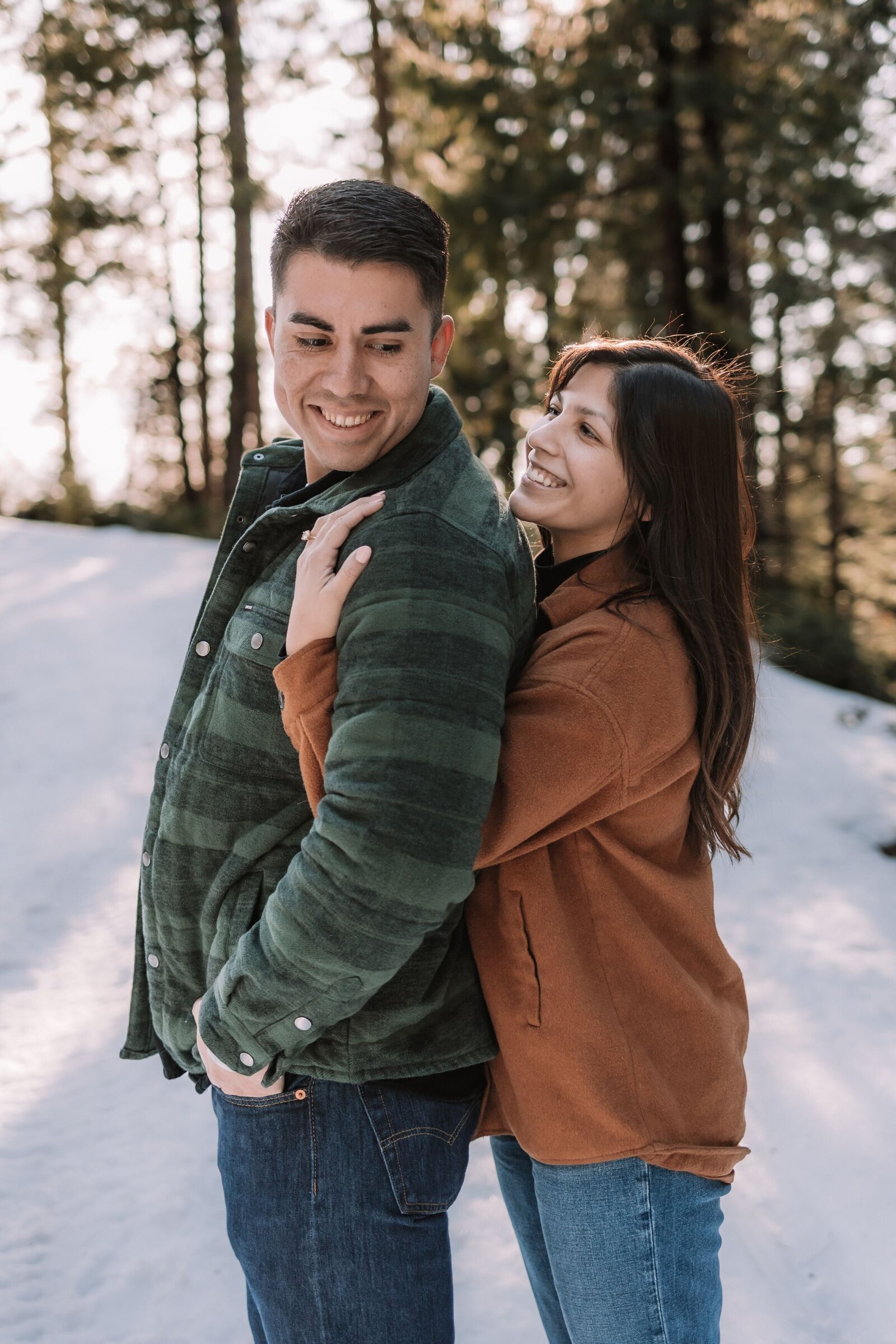 bass lake snowy engagement session