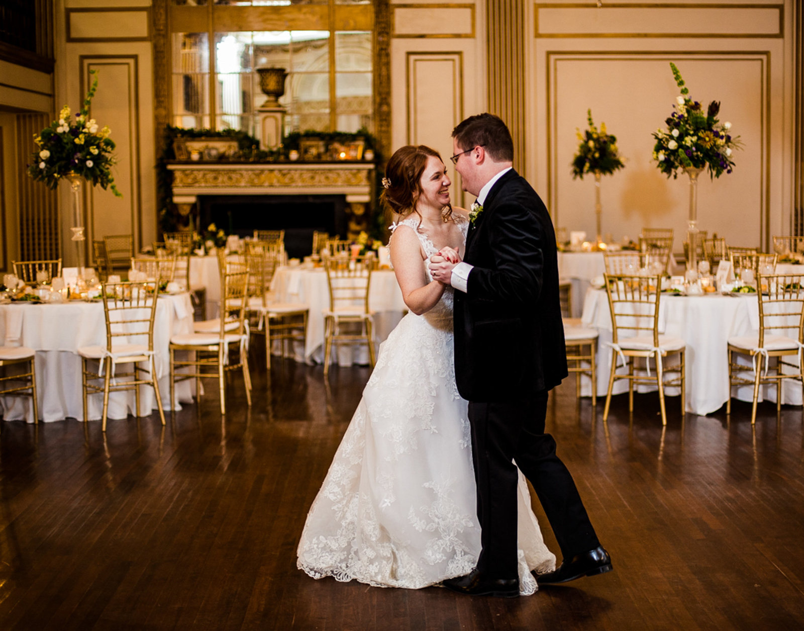 Bride and groom practice forst dance at the George Washington Hotel's Grand Ballroom